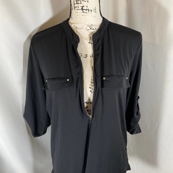 FYLO Woman's Crew Neck 1/2 Zipper Down Roll Up Sleeve Black Stretch Blouse Sz M - Picture 2 of 7